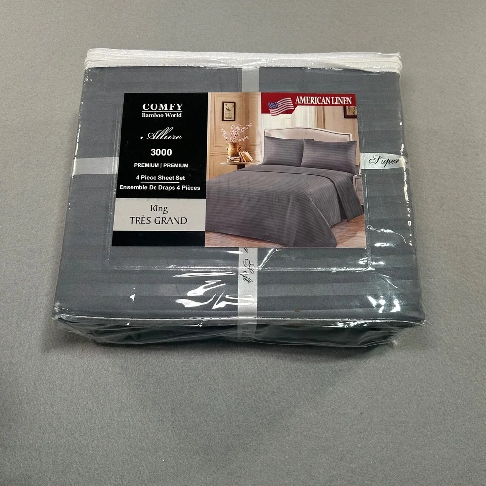 American Linen Sheet Set King Grey Allure 3000 Bamboo World 4 Piece Striped